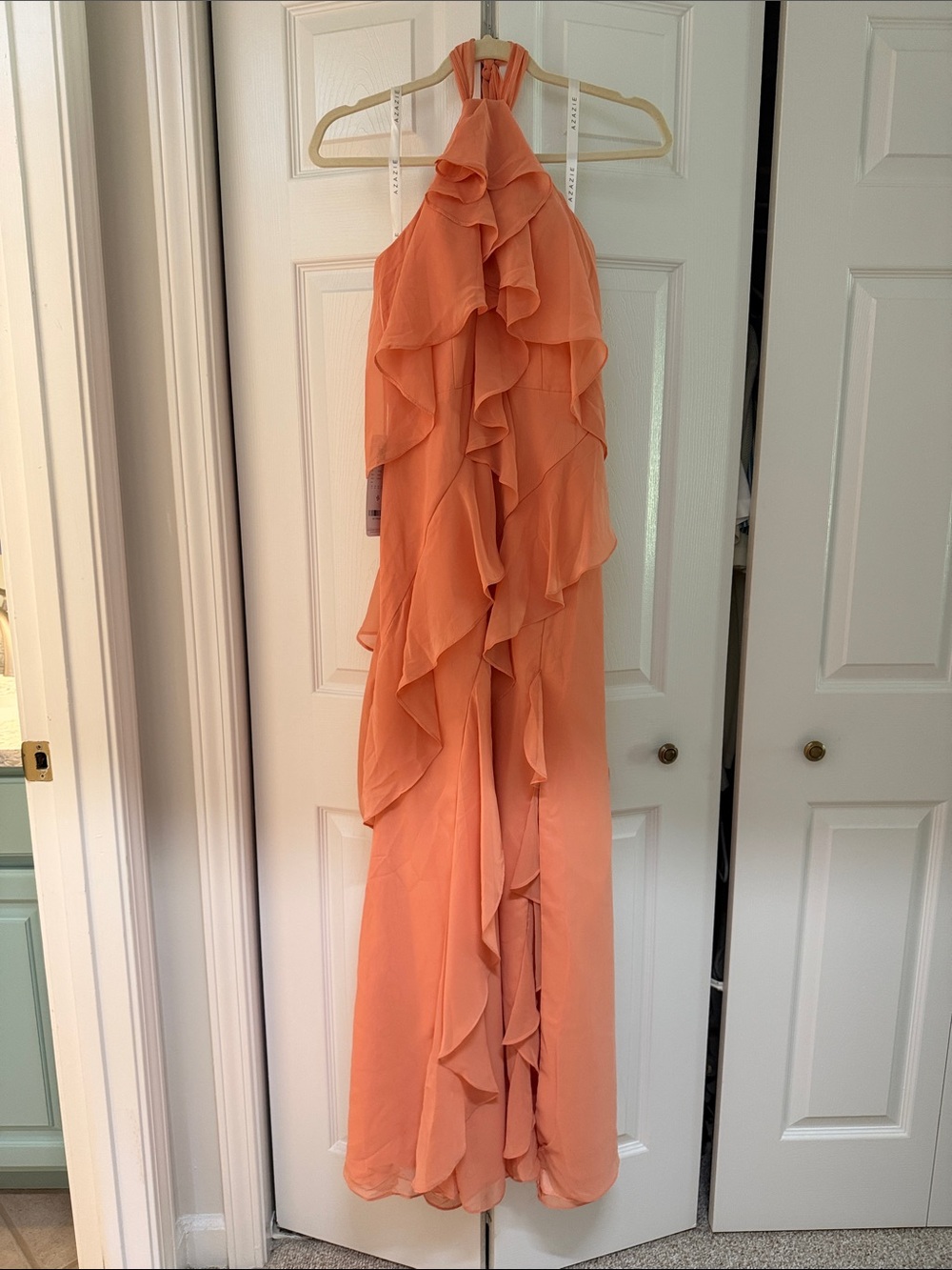 Azazie Peach Ruffled Halter Gown